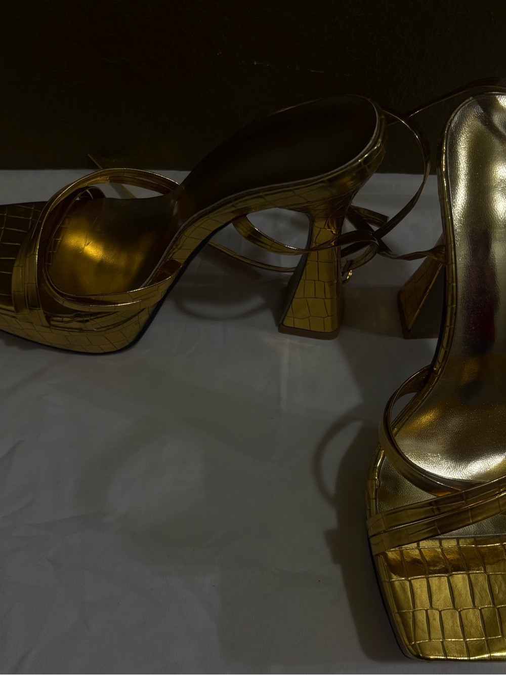 Gold Croc-Embossed Strappy Block Heel Sandals - Women